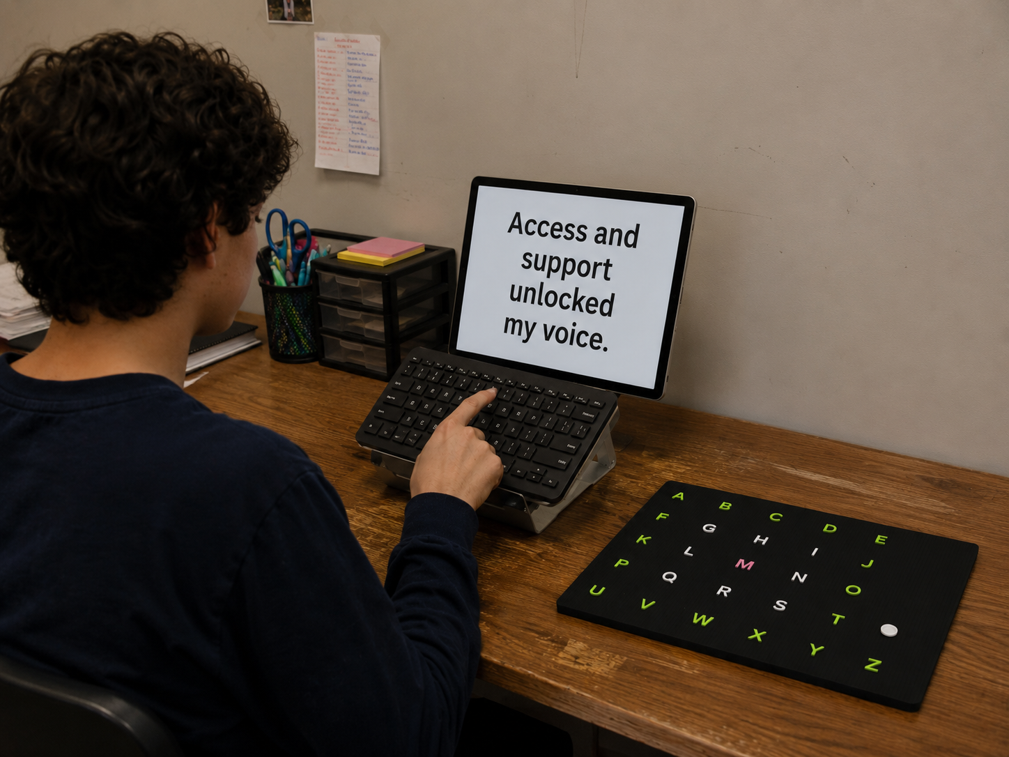 A nonspeaking communicator at a desk typing on a keyboard-equipped tablet that reads 'Access and support unlocked my voice,' with a letterboard nearby.