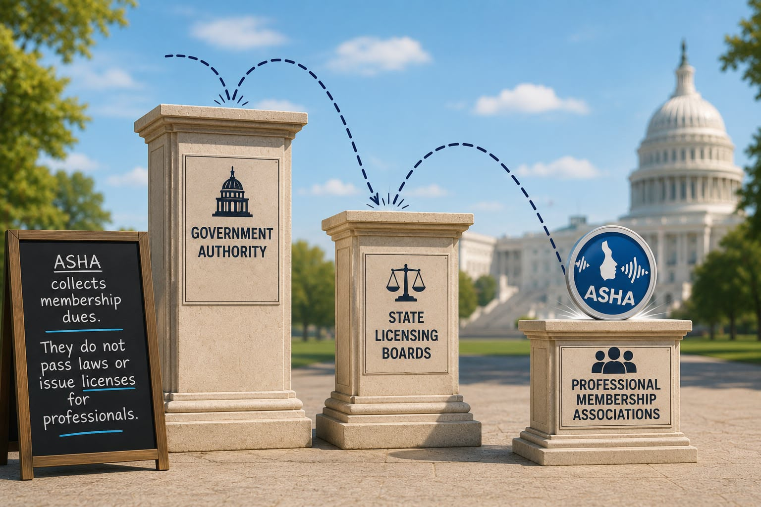 A diagram showing ASHA as a professional membership association, separate from government authority and state licensing boards, in front of the U.S. Capitol.