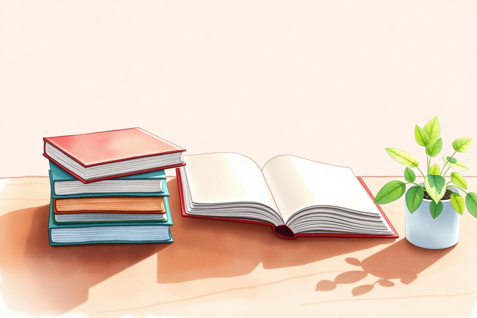 A small stack of colorful books beside an open journal and a potted plant on a wooden table.