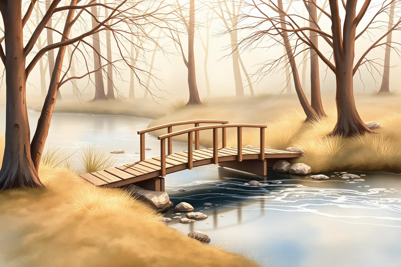 A small wooden footbridge over a quiet stream in soft morning light, watercolor illustration.