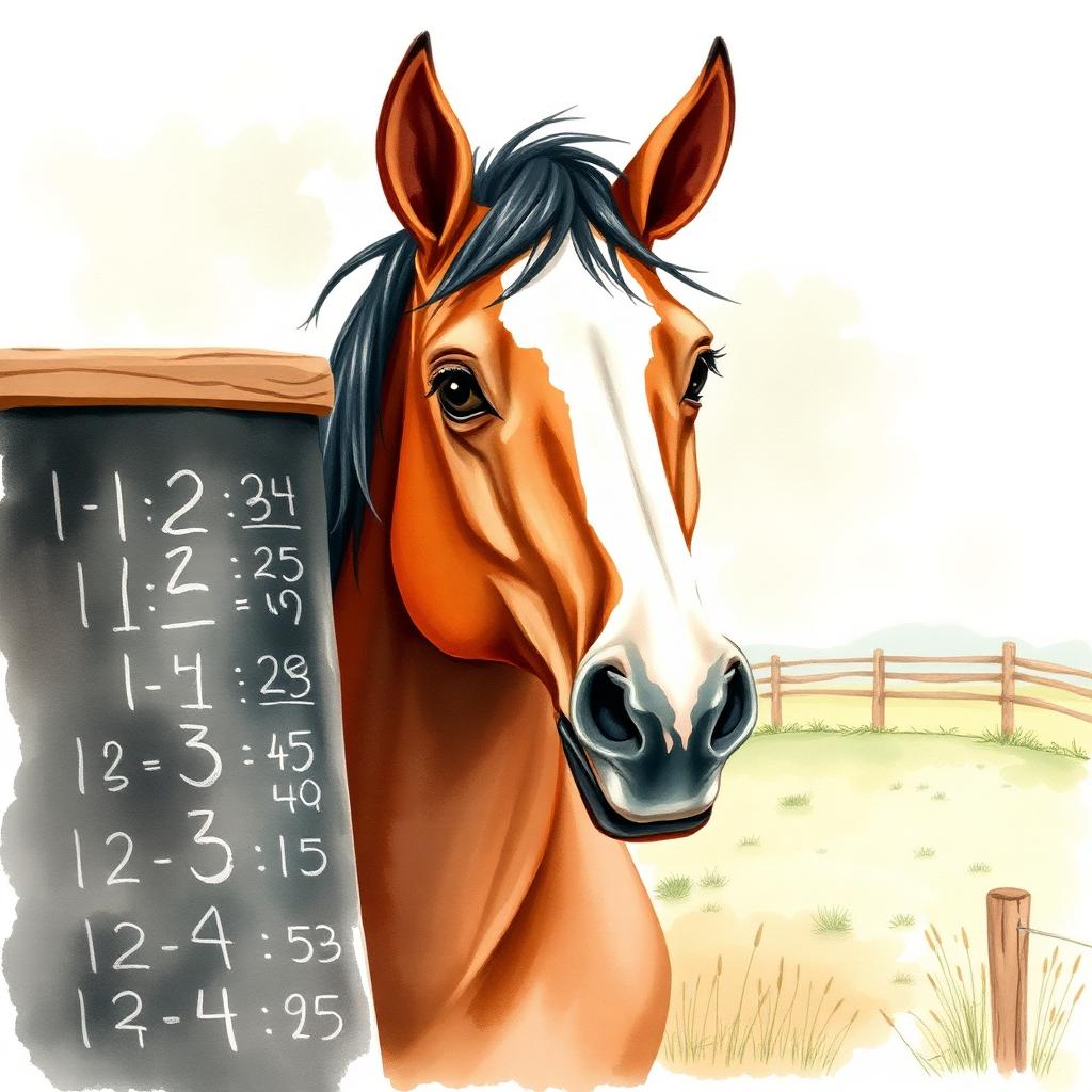 Watercolor illustration of a thoughtful horse beside a chalkboard with numbers and letters in a soft pastoral setting.