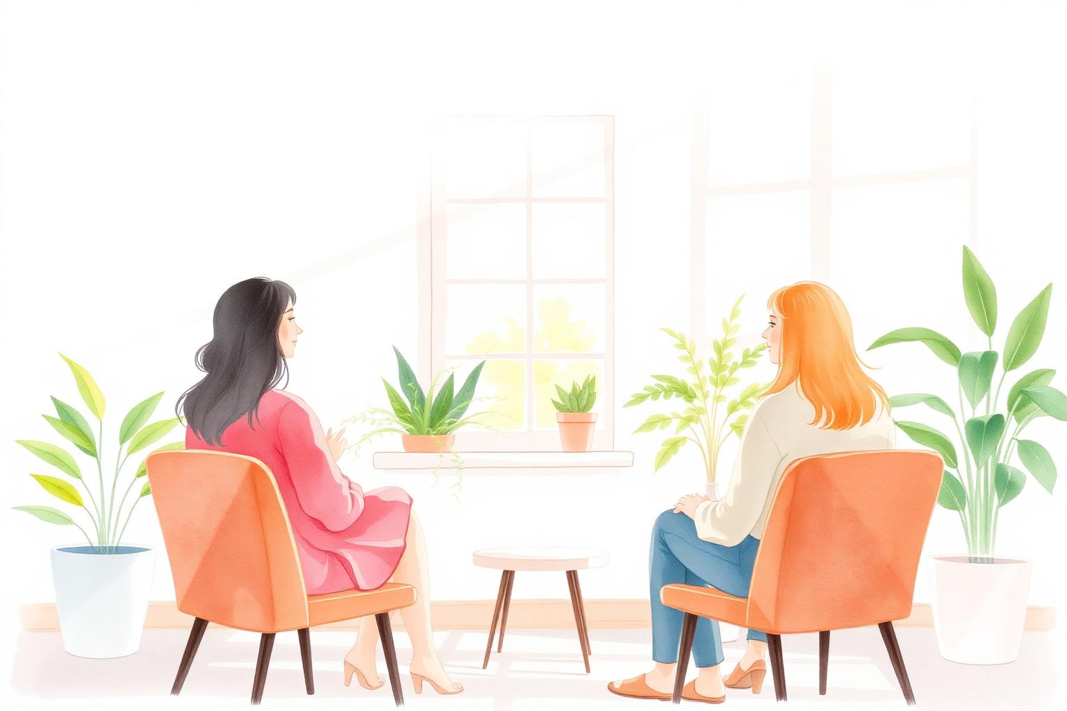 Two people seated in a sunlit room with plants, in calm conversation, watercolor illustration.