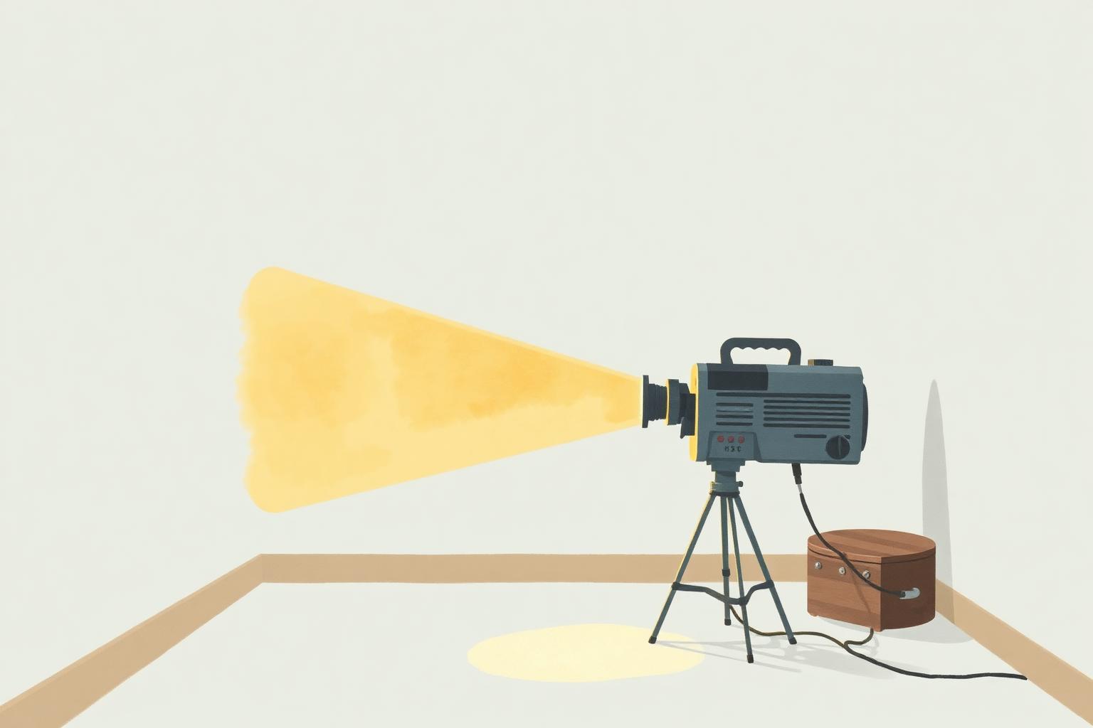 A vintage film projector casting a warm beam of light in a quiet room, watercolor illustration.