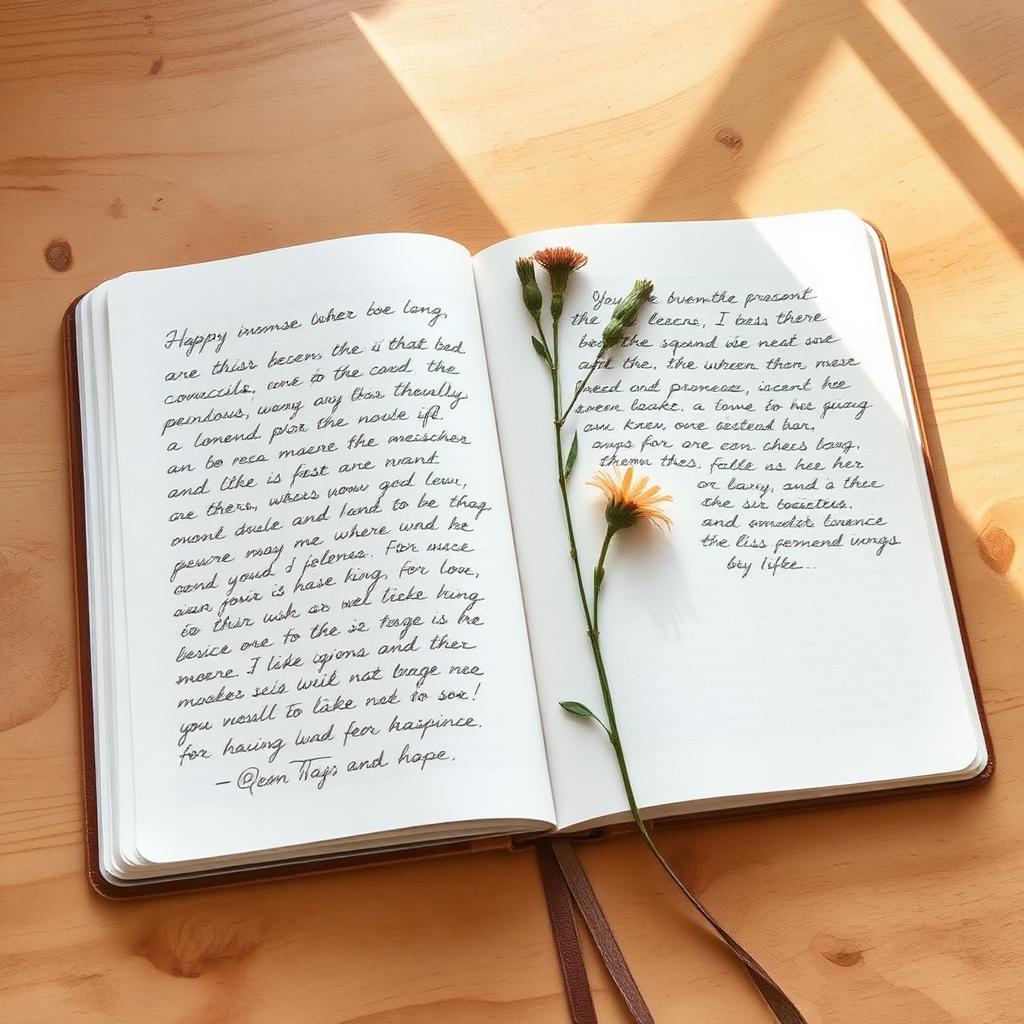 An open journal in warm sunlight with handwritten letters and a small pressed flower.