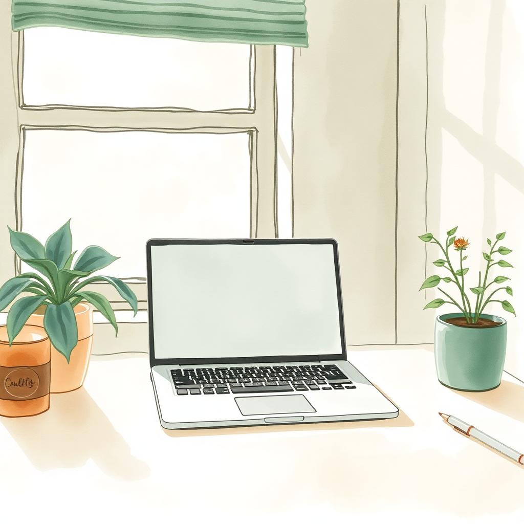 A laptop on a sunlit desk near a window with a small potted plant, watercolor illustration.