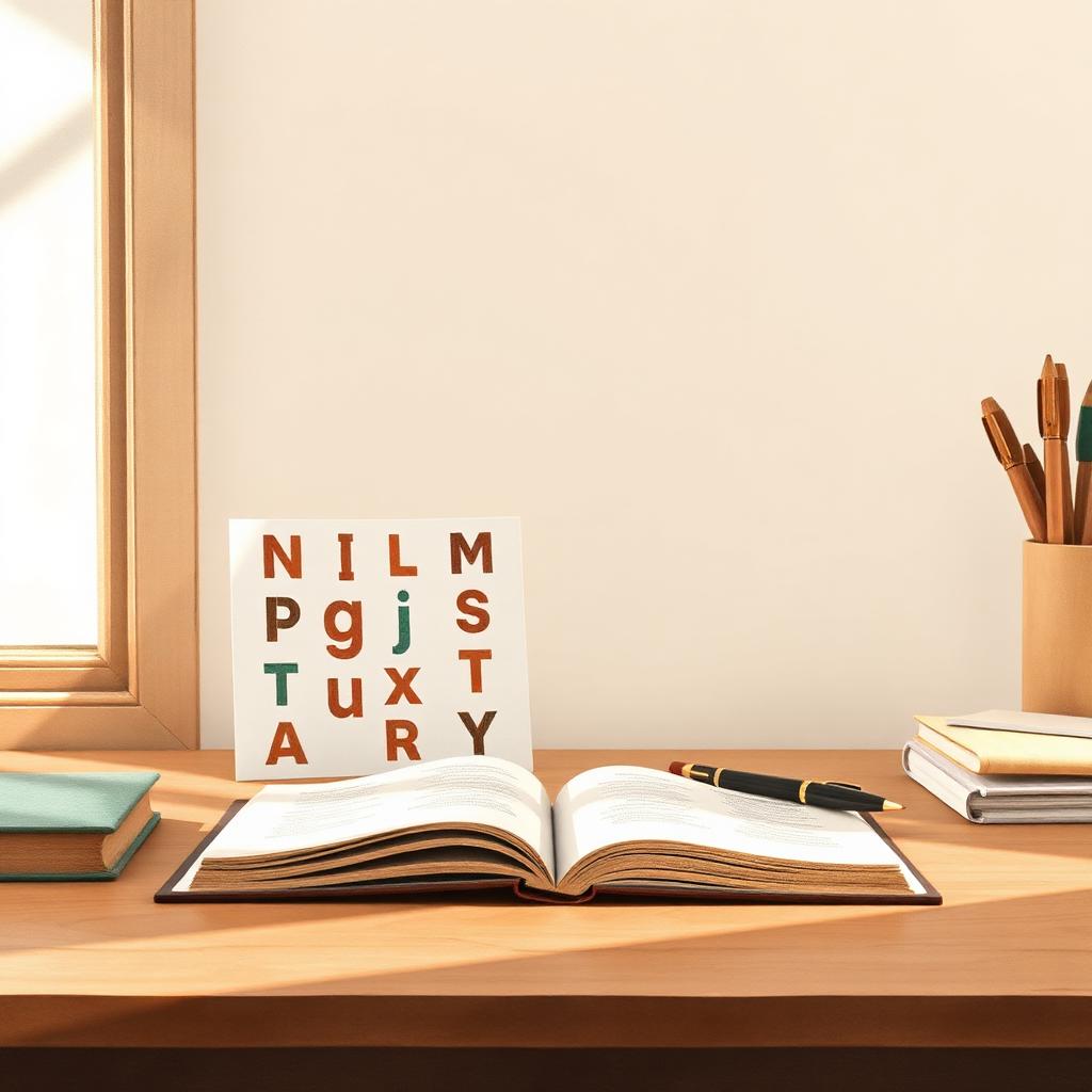 Watercolor of letter stencils propped against an open academic journal on a sunlit wooden desk.