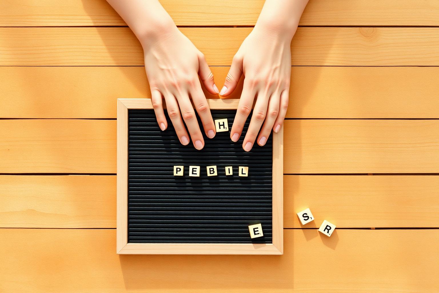 Hands resting on a black letterboard with alphabet tiles on a sunlit wooden table.