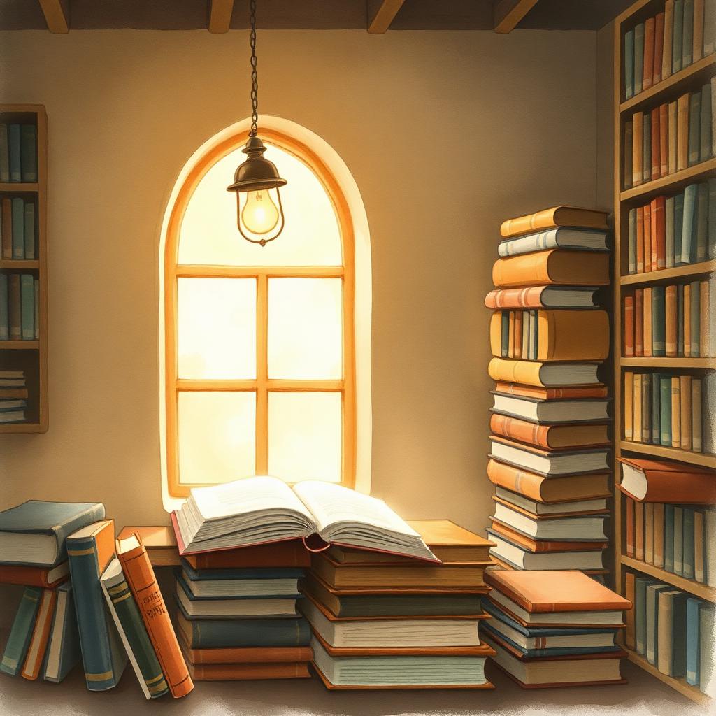 A quiet library nook with stacked books, symbolizing research and careful study.