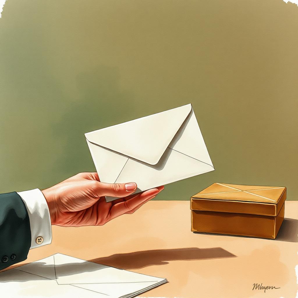 Watercolor of a hand passing a sealed envelope across a desk to another hand in warm light.