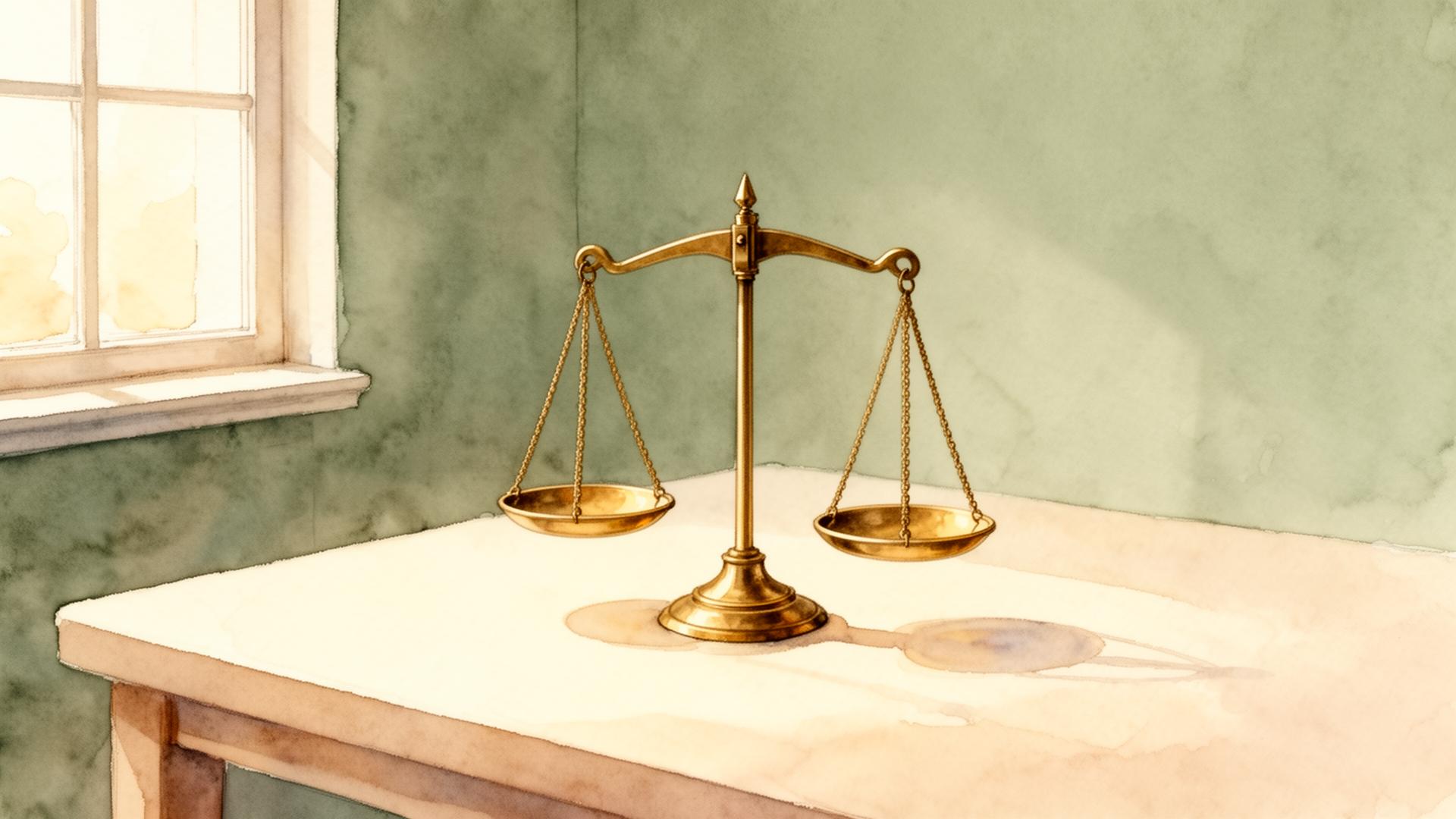 A brass balance scale on a soft cream tabletop in quiet natural light, watercolor illustration.