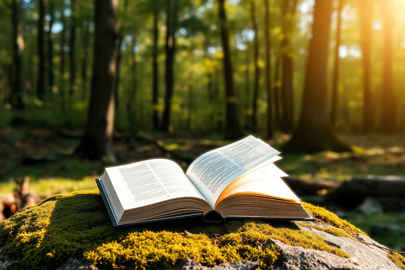An open book in a forest setting, symbolizing the discovery of new knowledge about nonspeaking people.