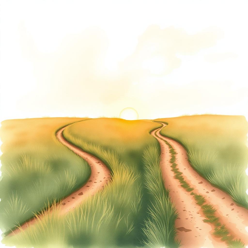 Watercolor of two winding paths through a meadow joining at the horizon under a warm sunrise.