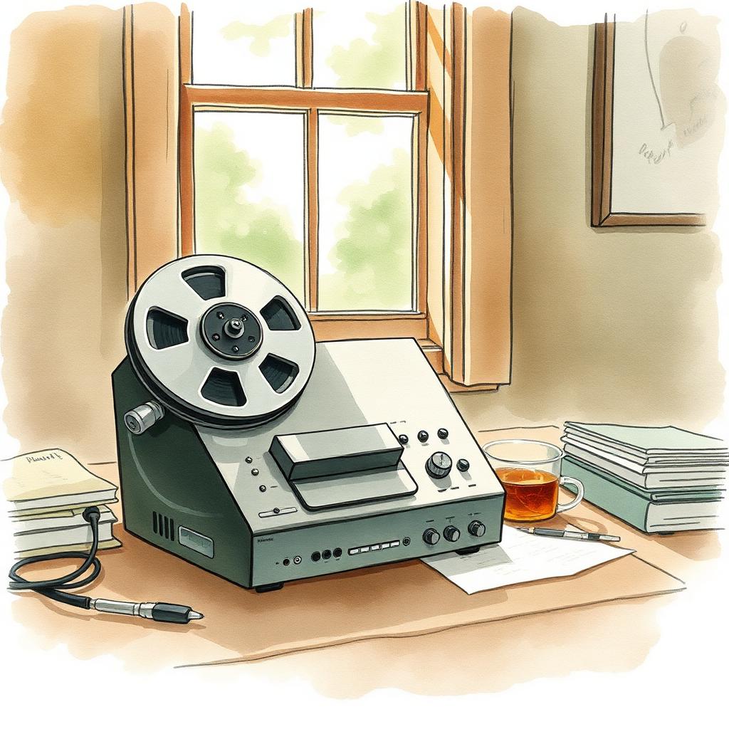 Watercolor of an old reel-to-reel tape recorder on a sunlit desk with books and a cup of tea.