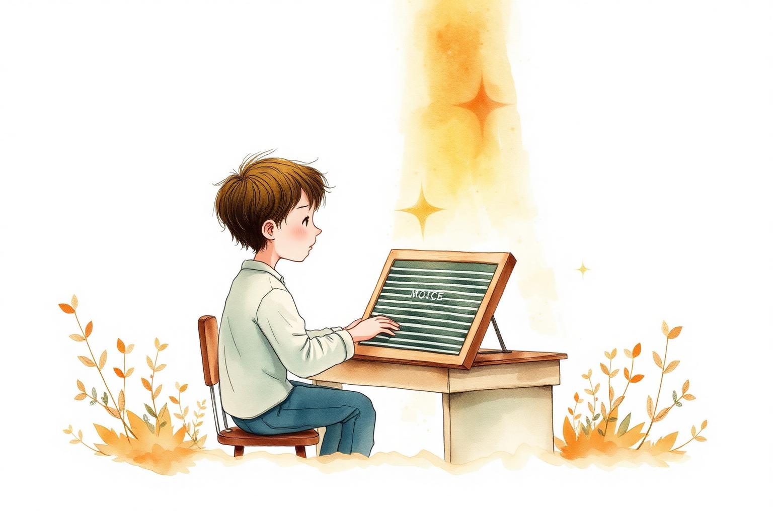 A young person typing on a letterboard, golden light streaming upward from the letters like a voice becoming visible, watercolor illustration.