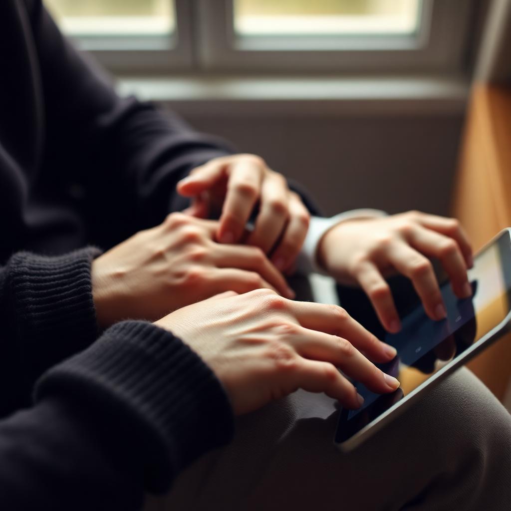 A parent's hand rests gently beneath a young adult's hand as they type on a tablet — touch as scaffold, not authorship.