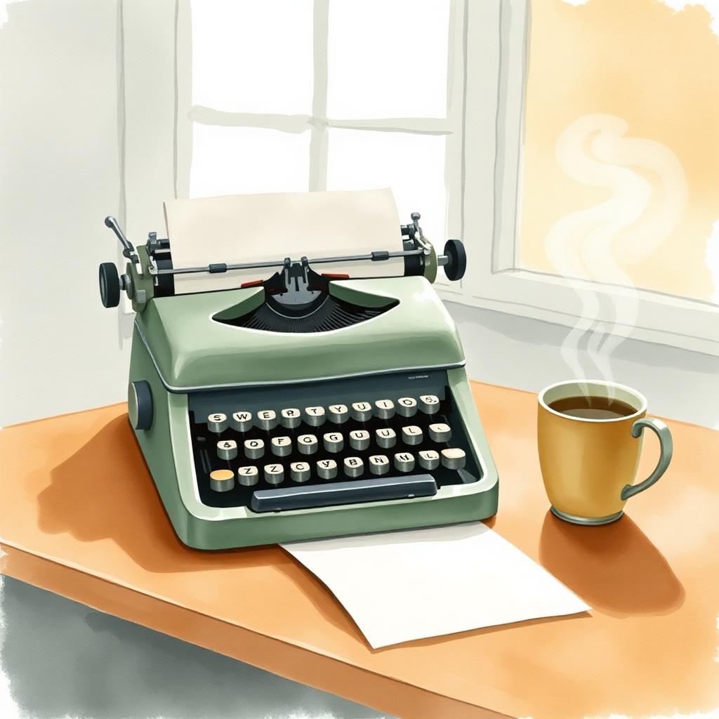 A green vintage typewriter on a desk with a steaming mug, watercolor illustration.