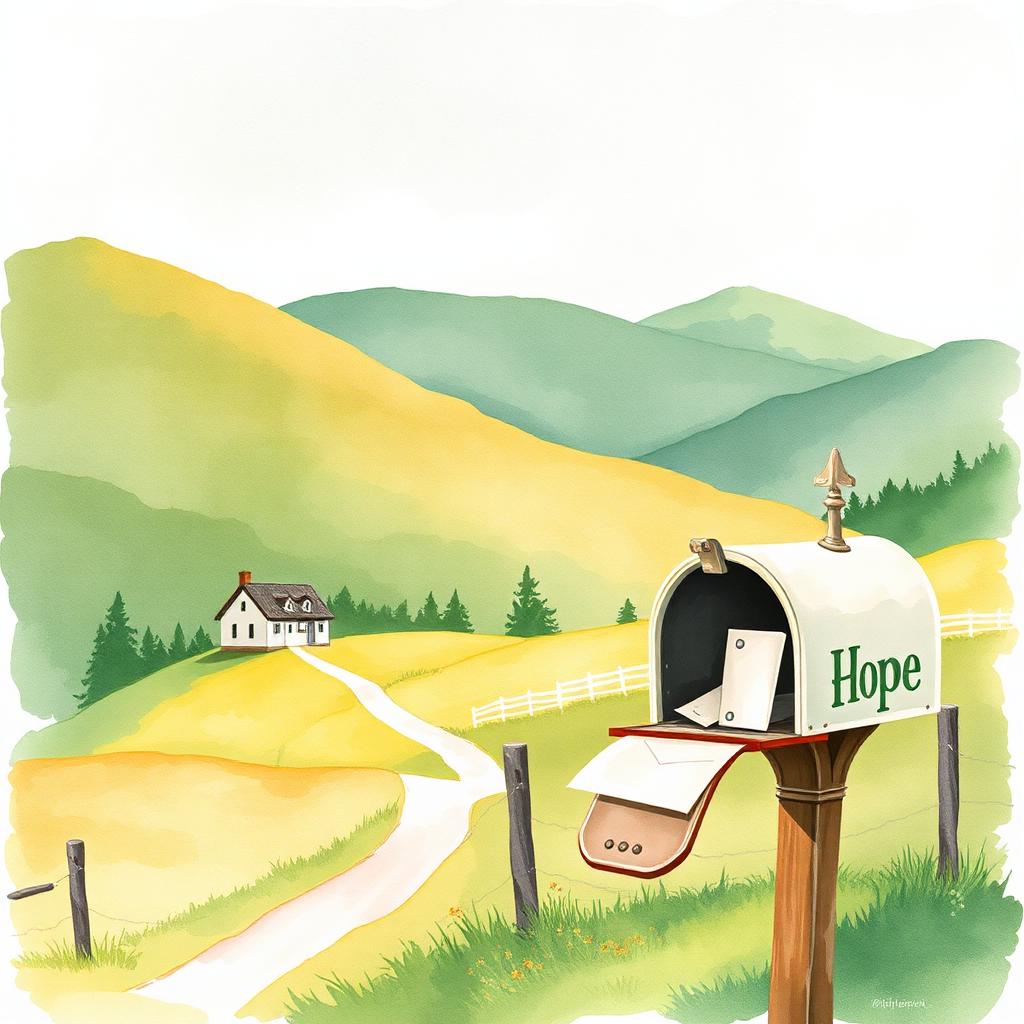 Watercolor of green Vermont mountains with a small white farmhouse and a roadside mailbox labeled Hope.