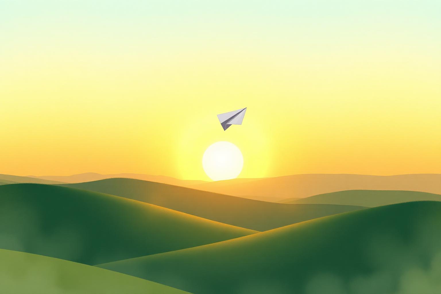A paper airplane gliding above rolling green hills at sunrise, watercolor illustration.